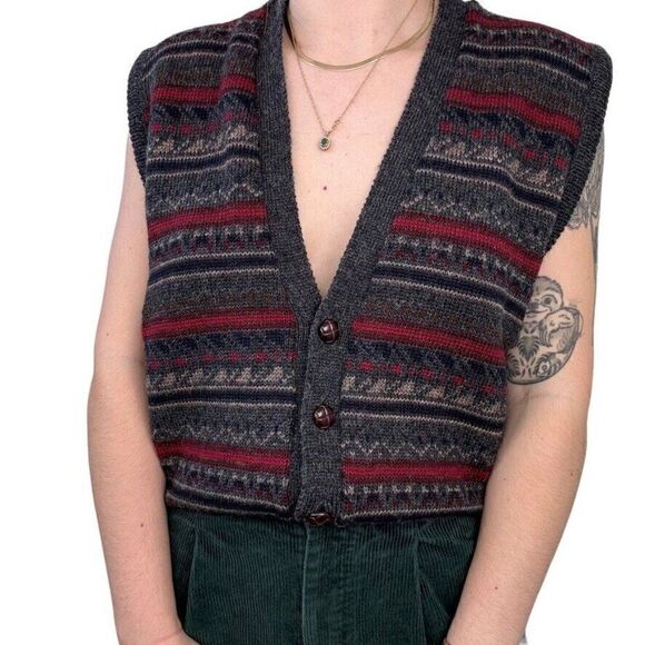 Vintage 1990s Wool Geometric V Neck Dark Academia Sweater Vest Preppy XL - Picture 2 of 6